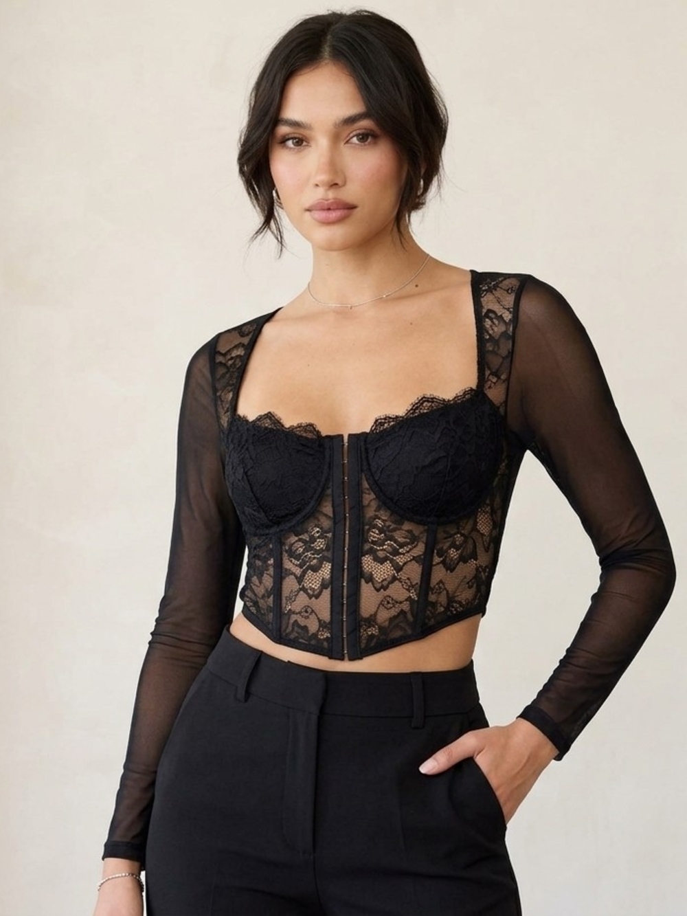 Gothic Grunge Sheer Mesh Sleeve Lace Corset Bustier Crop Top